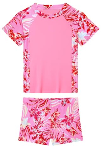 Tziharora Swinsuits for Girls Size 10-12 Years Old Pink Flowers Two Pieces Water Surfing Sports Swimwear