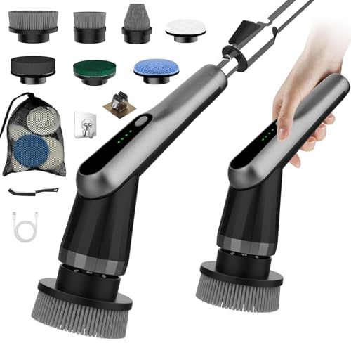 Elektrische Reinigungsbürste, Electric Cleaning Brush mit 7 Wechselbürsten | IPX7 wasserdicht, 2 Geschwindigkeitsstufen und verstellbarer Griff, für Badezimmer, Küche (grau/schwarz)
