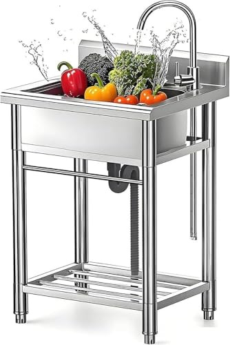 Stainless Steel Utility Sink with Faucet - Freestanding Single Bowl Sink for Commercial Kitchen, Laundry, Garage, Shop, Patio, Outdoor Prep & Wash Sink with Shelf, Fregadero Para Patio Exterior - 23In