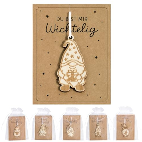 BOFUNX 5 Set Weihnachten Geschenk Holz Weihnachtswichtel mit Geschenkkarte Organzasäckchen - Wichtelig Geschenk Klein Weihnachtszwerg Geschenk für Familie Freunde