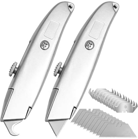 2 Stück Teppichmesser mit 10 Hakenklinge und 10 Trapezklinge: Universalmesser Hakenmesser aus Metall für Teppich- und PVC-Bodenbelägen(Silber)