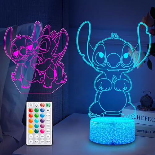 Stitch Nachtlicht Kinder (mit 2 Motive & Timer) : 16 Farben 3D LED Illusion Stitch Lampe mit USB, Touch, Fernbedienung, für Jungen Mädchen Kinderzimmer Dekoration und Weihnachten Geburtstagsgeschenke