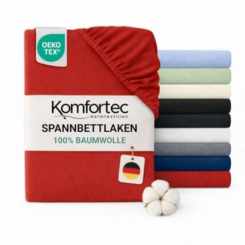 Komfortec Spannbettlaken Jersey 100% Baumwolle – 120x200 cm – 135g/m² – Weich, Atmungsaktiv & Hautfreundlich – Mit Rundumgummi – Oeko-Tex Zertifiziert – Für Boxspring, Topper & Matratzen – Rot