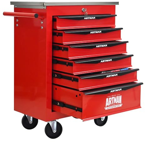 Boîte à outils à rouler avec tiroirs, Armoire de stockage d'outils en acier avec poignée, Roues verrouillables, Boîte d'organisateur d'outils pour atelier de garage (rouge noir,6 Tiroir)