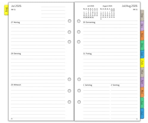 2026 2027 Wochenplaner Einlage Personal A6 6 Löcher, Deutsch, 1 Woche 2 Seiten mit Monatsübersicht, Notizen, Kontakt, Aug 2026-Jul 2027, Kalender 2026/27 Planer Organizer Kalendereinlage, 95x171mm