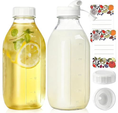 PORFOYO Glas Milchflaschen, 2er Set 1 Liter Glas-Saftflaschen, Spülmaschinengeeignet Smoothie Flasche Mit Deckel Und Aufkleber Zum Befüllen, Saftflasche Für öl, Essig, Saft & Limonade