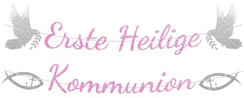 Erste Heilige Kommunion Girlande, Papier Kommunion Deko Banner | Glitzer Rosa Erstkommunion Dekobanner, Hängedeko Banner Konfirmation für Erstekommunion Deko, Taufe Party Dekoration