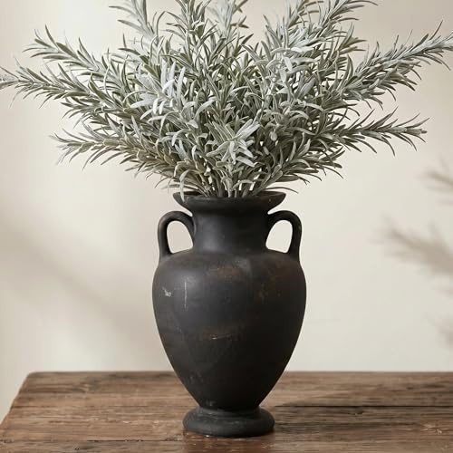 KRYSTHIA Schwarze Keramikvase, dekorative Terrakotta-Vase mit Henkel, runde rustikale Vasen für Heimdekoration, Vintage-Vasen im Bauernhausstil für Wohnzimmer, Schlafzimmer, Büro, Küche, Kaffeetisch