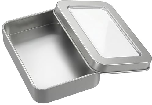 Rectangular Hinged Metal Tin, Mini Portable Storage Box with Clear Lid | Small Empty Tin Container for Candy Keys Earrings Organization, 3.4 x 2.4 x 0.7 Inch, Silver