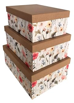 3er-Set Geschenkboxen - PapeRoom - aus stabilem Karton – rechteckig – naturbraun mit Blumenmuster