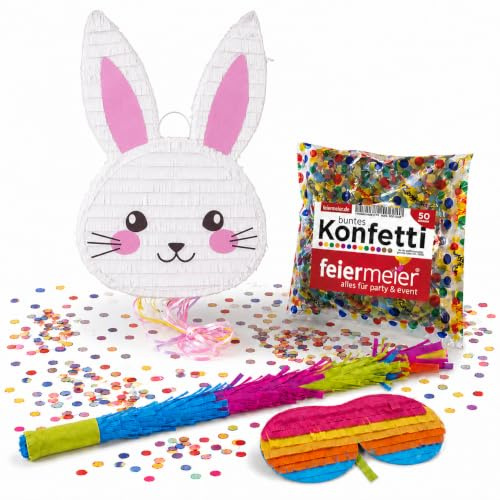 Pinata-Set | 4-tlg. mit Augenmaske, Schlagstock und Konfetti (Hase Bunny | 38x58x10 cm)