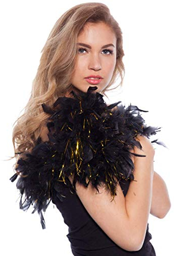 Folat 62086 Luxuriöse schwarze Federboa mit goldenen Fransen - 1,80 Meter