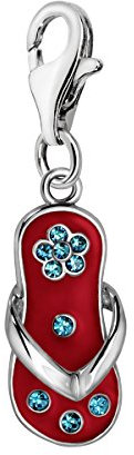 Quiges Charm Anhänger Blau Zirkonia und Rot Emaille Blume Flip Flop 925 Silber mit Karabinerverschluss für Bettelarmband