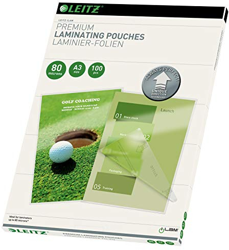 Leitz Heißlaminierfolien A3 80 mic, Laminierfolien in Premium-Qualität im 100er Pack, Glänzend, Transparent, Vereinfachtes Einlegen durch UDT, iLAM, 74850000