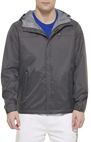 Tommy Hilfiger Men's Waterproof Breathable Hooded Jacket Raincoat, Charcoal, S