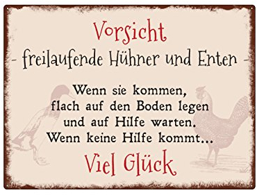 Interluxe WANDSCHILD Metallschild Vorsicht FREILAUFENDE HÜHNER UND Enten Shabby Warnschild