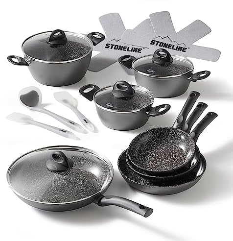 STONELINE Batteria Pentole e Padelle in CERAMICA 16 Pezzi 18/20/24/28 cm, Coperchi Salvapadelle, Rivestimento Antiaderente con Vere Particelle di Pietra Senza PFAS, a Induzione, Tutti i Piani Cottura