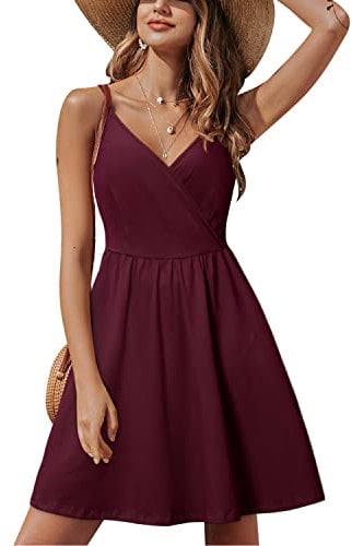 STYLEWORD Sommerkleid Damen Knielang V-Ausschnitt A Linie Dunkelrot Kleider Sommer Strandkleid Freizeitkleid mit Taschen