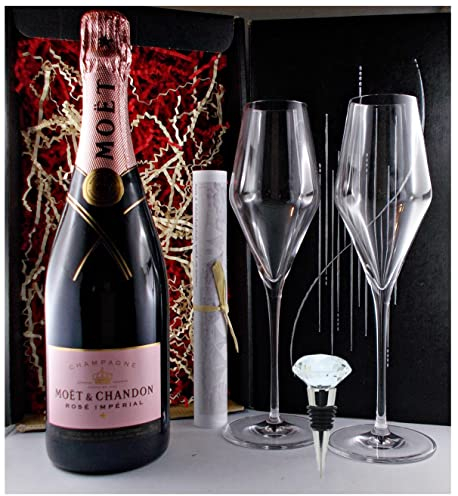 Champagner Moet & Chandon Rosé Imperial + Flaschenverschluß + 2 Champagnergläser Geschenk