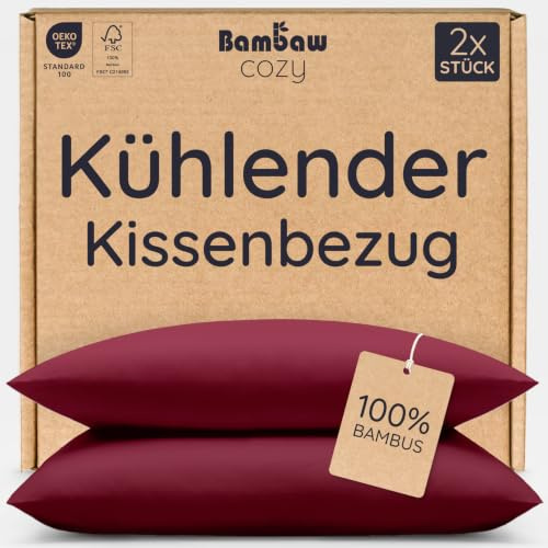 Bambaw Kissenbezug 65x65 Bambus, 2-er Pack, antibakterieller für Allergiker Kissenbezug, haarschonende, atmungsaktive und kühlende Bettwäsche Sommer, Anti Schweiß Bettwäsche (Burgunderrot)