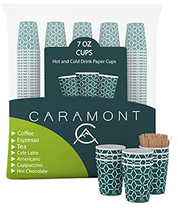 Caramont 400 Pappbecher 7 Oz mit Holz Rührstäbchen,Umweltfreundlich Hitzebeständig,für Kalte,Heiße Getränke aus,Ideal für Kaffee,Tee,Geburtstag usw