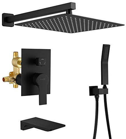 SHAMANDA Duschsystem mit Wasserfall-Wannen-Auslauf und Handbrause, 30,5 cm Regendusche Wasserhahn-Sets komplett mit Dusch-Rund-in-Ventil und Verkleidung, Wandmontage, Mattschwarz, L1001-7