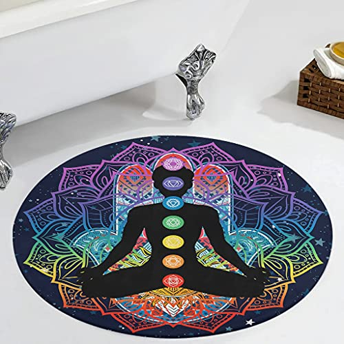 Veryday Chakra Lotus Yoga Meditation Round Rug Vintage Living Room Rug as Door Mat Doormat Front Door Mat for Children's Room Hallway White 60 cm
