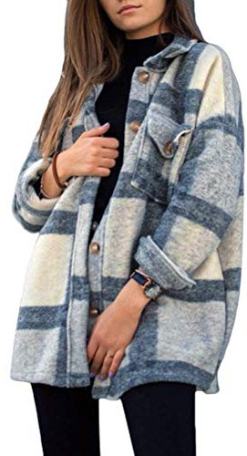 Tomwell Surchemise en Laine Femme Veste a Carreaux Chemise Décontracté Oversized Femme Blouse C Gris S