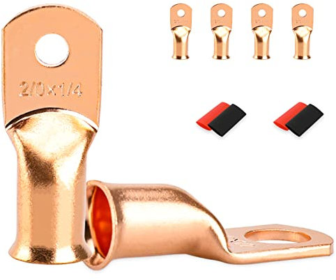 4 PCS Battery Terminal Connectors, Battery Cable Ends Lugs, 2/0 Gauge Wire Connectors, 2/0 AWG 1/4 Stud Ring Terminals, Copper Wire Lugs with Heat Shrink Tubing.