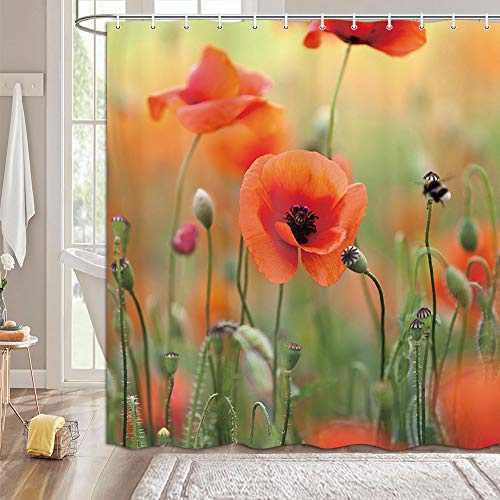 Wathon Rideau de douche motif coquelicot sur le thème de la nature, rideau de douche rustique rouge coquelicot imprimé art nature, tissu de plantes de jardin printemps été tissu tissu décoration salle