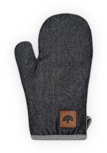 BO877001 Barbary & Oak Denim Single Oven Glove with Leather Detail, Quilted Stitching, Blue