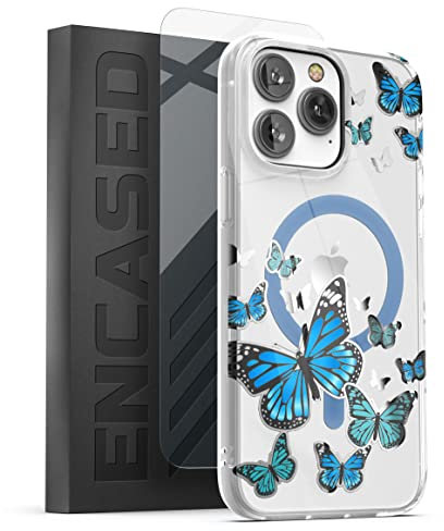 ENCASED Magnetic Case Designed for iPhone 14 PRO with Screen Protector for Women - Compatible with MagSafe Phone Accessories (Blue Butterfly)