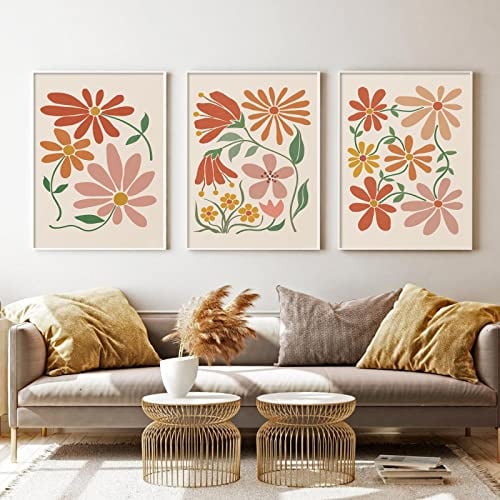 Set of 3 Floral Wall Art Boho Abstract Flowers Print Floral Gallery Wall Set for Living Room Decor Terracotta Art Print Boho Minimalist Floral Wall Art Orange Flower Market Poster 16x24inch No Frame