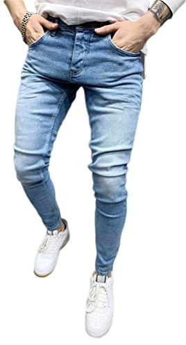 Osheoiso Jean Troué Homme Style Hip Hop Détruit Trou Pantalon en Denim Extensible Couleur Unie Jeans Trou Cassé Streetwear Jeans Moulants Trekking Cargo Mode B Bleu Clair 3XL
