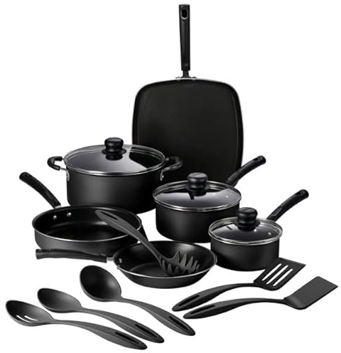 Tramontina Primaware - Juego de utensilios de cocina antiadherentes de 15 piezas con tapas y utensilios, ollas y sartenes antiadherentes de aluminio (tormenta)