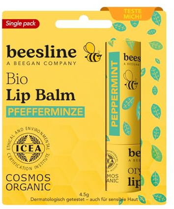 BEESLINE Organic Lip Balm Peppermint für trockene Lippen, hochwertiger Lippenbalsam mit Bienenwachs und Pfefferminze, Lipstick mit Beeswax, beegan