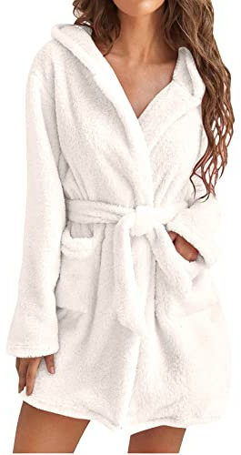 HOOUDO Fluffy Dressing Gowns for Women Ladies Warm and Cosy Hooded Bathrobe Plush Fleece Loungewear Super Soft Comfortable Nightwear with Pockets Gifts for Women White