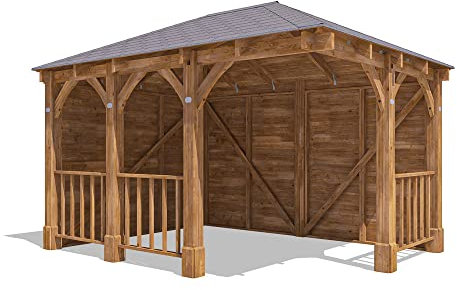 Dunster House Corner Gazebo Kit 4x3 Metres DIY Garden Shelter Canopy Wooden Roof Shingles Pressure Treated Leviathan