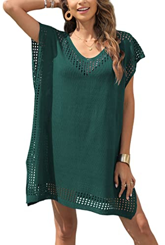 Codkkre Cache Maillot de Bain Femme Robe de Plage Crochet Sarongs en Crochet Été Plage Couvrir Sexy V-Cou Bikini Cover Up Bohème Beachwear, Vert