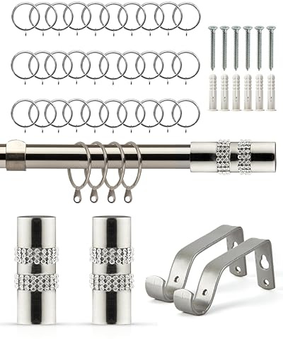 Emma Barclay Extendable Curtain Pole With Finials Rings Brackets & Fittings Sets 16-19mm in Brushed Silver Metal Curtain Poles For Eyelet Curtains Rod - Diamante Collection 1.6m - 3m Brushed Silver