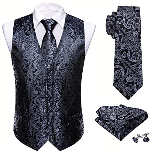 Barry.Wang Herren Paisleymuster Blume Jacquard Seide V-Ausschnitt Anzug Weste und Krawatte Einstecktuch Manschettenknöpfe für Hochzeit Smoking Abschlussball, schwarz grau, XXXL