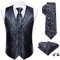 Barry.Wang Herren Paisleymuster Blume Jacquard Seide V-Ausschnitt Anzug Weste und Krawatte Einstecktuch Manschettenknöpfe für Hochzeit Smoking Abschlussball, schwarz grau, XXXL