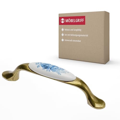 Gedotec Möbelgriff aus Porzellan und Metall | 1 Stück | Griffe für Küchenschränke inkl. Befestigungsmaterial | OLGA | Möbelgriffe Messing antik Blaue Rose mit BA 96 mm | Türgriffe - Schubladengriff