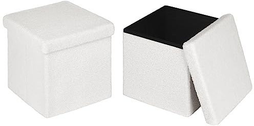 eSituro 2er Set Faltbarer Sitzhocker mit Stauraum, Fußhocker Polsterhocker Sitztruhe Aufbewahrungsbox, bis 300 kg belastbar, aus Teddyfleece Weiß