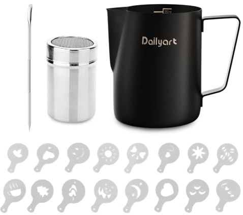 Dailyart Milk Jug 12oz/350ml Food Grade 304 Stainless Steel Milk Frothing Jug with Latte Decorating Art Pen, Chocolate Shaker, Coffee Stencils for Cappuccino Coffee Art