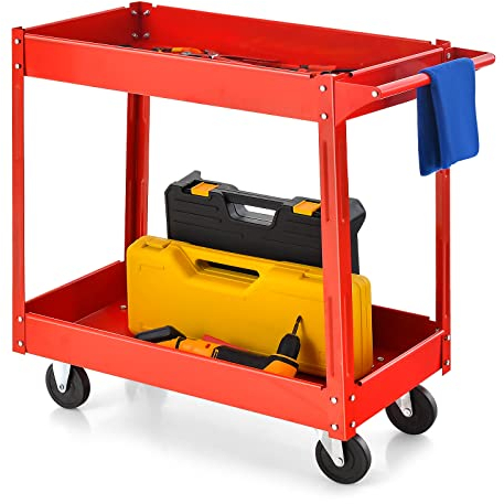 COSTWAY 2 Tier Rolling Trolley Cart, Mobile Utility Storage Organiser Shelves with Wheels and Handle, Multi-Purpose Serving Cart for Garage Workshop Transport (Red, 85 x 41 x 79cm)