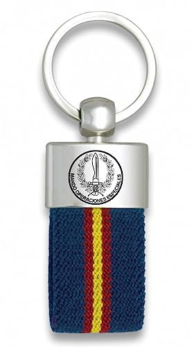 ADCSHOP Llavero Bandera España en línea sobre azul – emblema de la MOE Mando de Operaciones Especiales grabado a laser sobre aleación metálica cromada. Mide 9 cms. Pesa 34 grs.-cinta nylon resistente