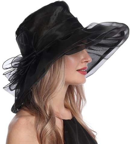 Women Organza Church Hat Wide Brim Breathable Wedding Tea Party Evening Fascinators Ladies Classic Foldable Hats Beach Cap (Black)