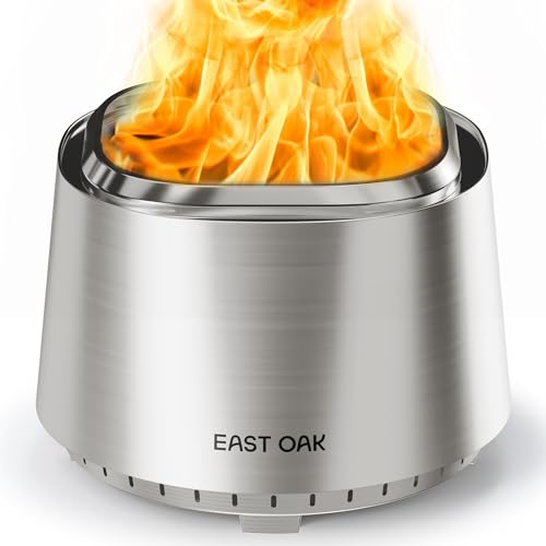 EAST OAK Feuerstelle, rauchfrei, 53,3 cm, Feuerstellen für Terrasse, 304 Edelstahl, Holzkamine, tragbare Feuerstelle für den Außenbereich mit Schürhaken, Ständer und abnehmbarem Aschekasten für