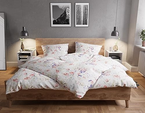 Bettwaesche-mit-Stil Mako Satin Bettwäsche Watercolor Flowers weiß (Garnitur 155x220 + 80x80)